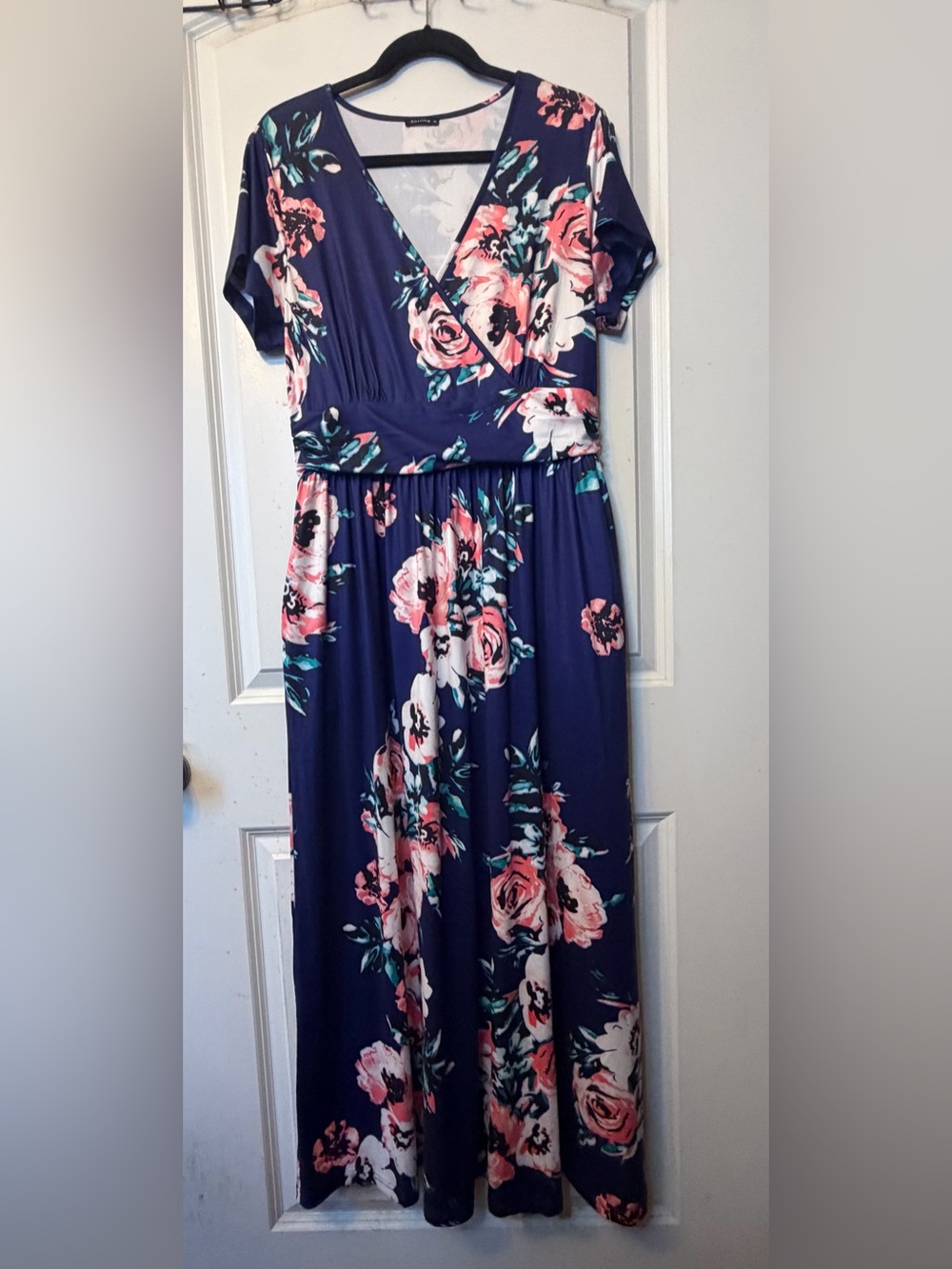 Anrilita Women's XL Short Sleeve Floral Faux Wrap-Waist Maxi Dress with Pockets